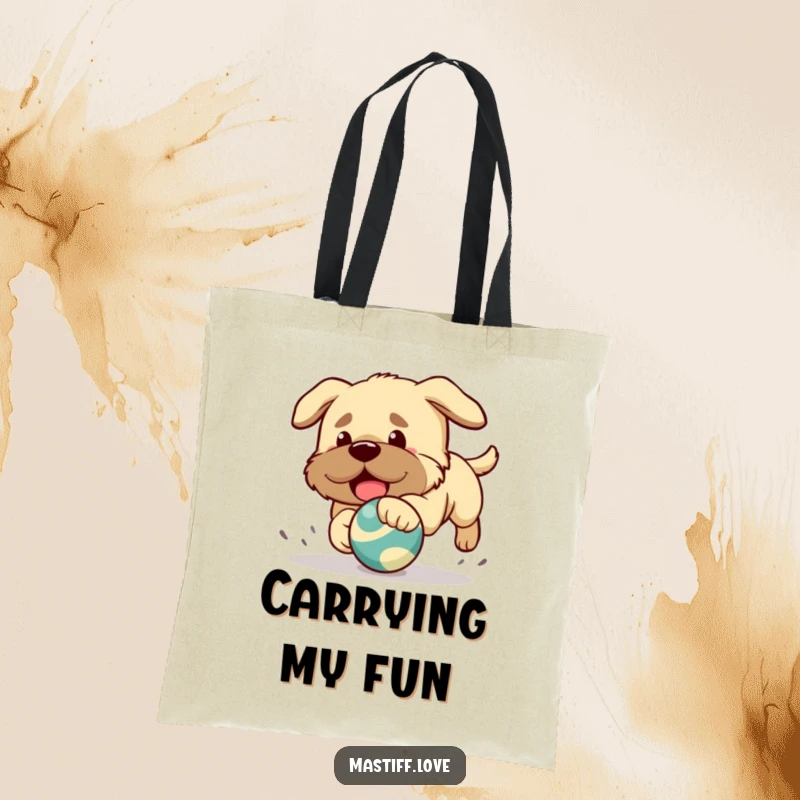 Funny tote bag featuring a super cute Kawaii mastiff puppy playfully chasing a vibrant bouncing toy.