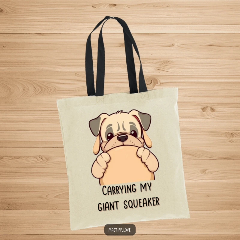 Funny kawaii mastiff dog peeking from behind a giant dog toy on a reusable tote bag, promoting eco-friendly style.
