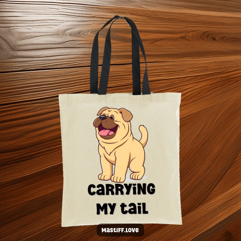 Funny Tote Bag with a giant mastiff puppy wagging its tail vigorously, showing off its happy, energetic personality.