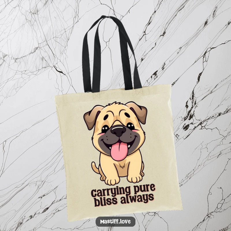Funny Happy Mastiff Tote Bag: A mastiff expresses extreme joy through a full-body wag and lolling tongue, on a fun tote bag.