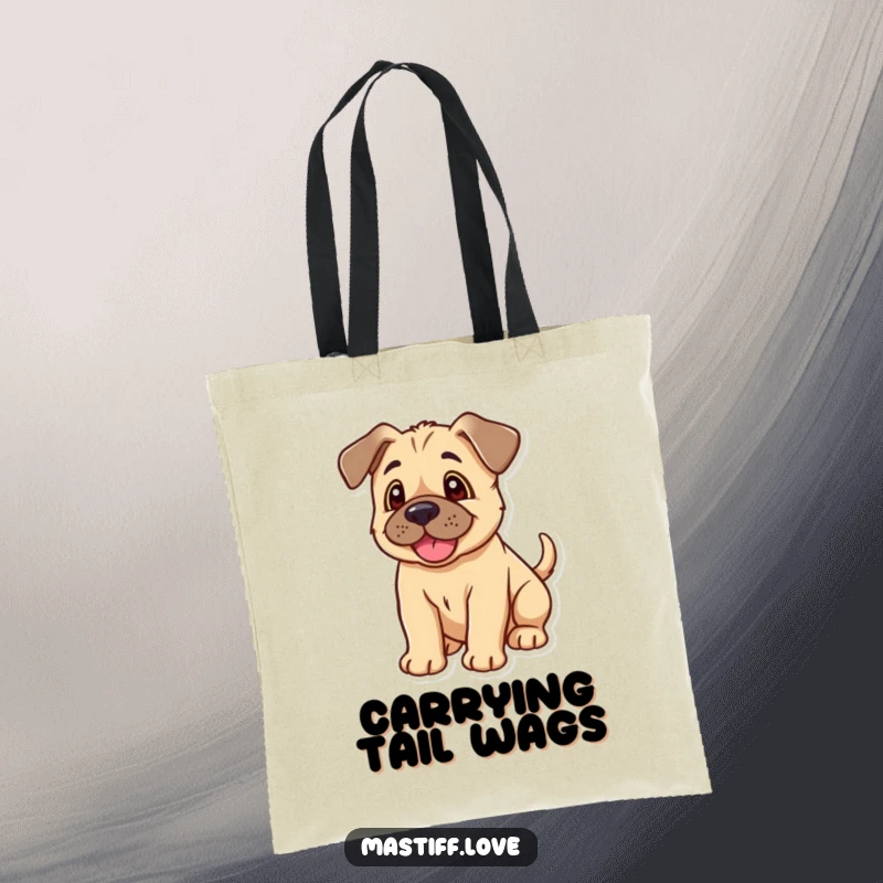 Funny Kawaii Mastiff Puppy Tote Bag: A cute tote featuring a happy mastiff puppy with floppy ears and a wagging tail.