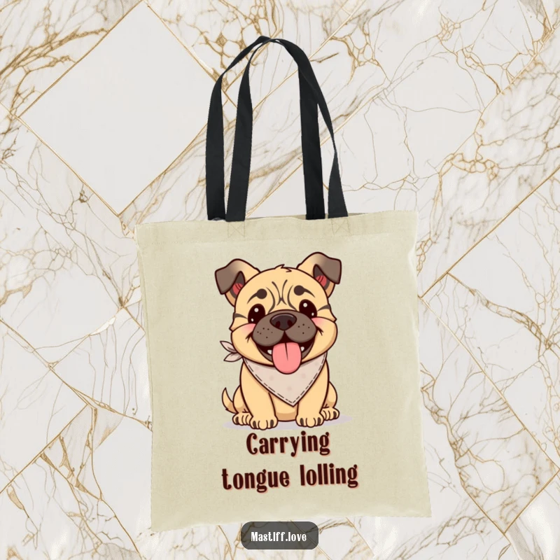 Funny Kawaii Mastiff Tote Bag: A tote bag featuring a happy mastiff wearing a bandana, tongue lolling out.