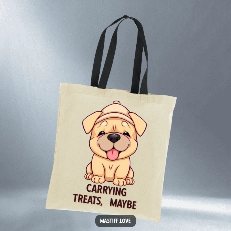 Funny Mastiff Puppy Tote Bag: a cheerful mastiff pup in a hat, giving a lick, symbolizing happy errands and doggy affection.