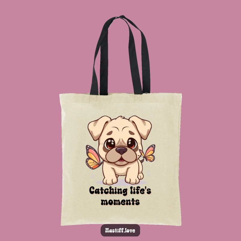 Kawaii Mastiff Butterfly Tote: Innocent Dog Chasing Butterfly, Stylish & Funny Gift Bag
