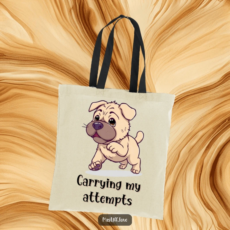 Clumsy Kawaii Mastiff Tote Bag with a cute dog endearingly trying to hop, ideal for carrying your humor.