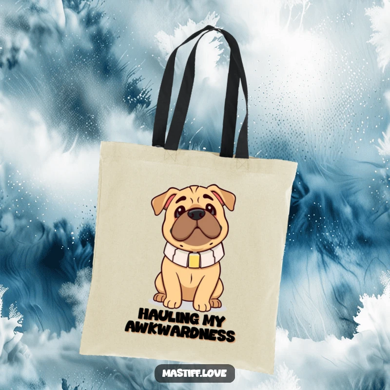 Funny Mastiff Tote Bag: A dog looks endearingly clumsy in an oversized collar, perfect for carrying essentials with humor.