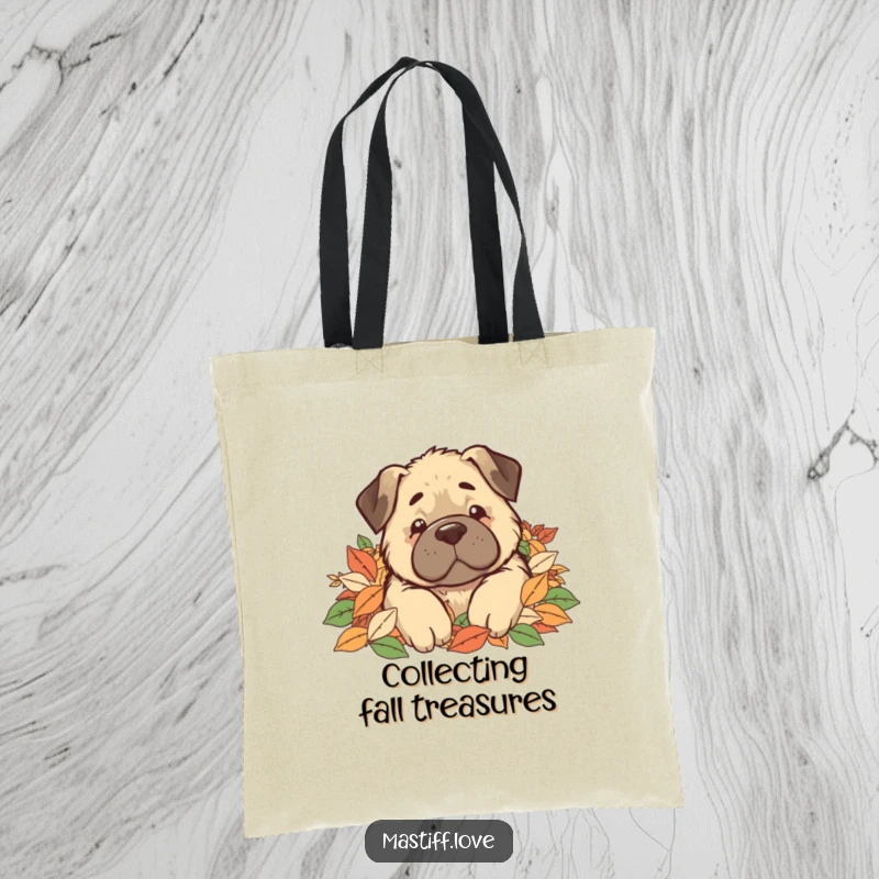 Funny Tote Bag showcasing a kawaii mastiff dog peeking out from a dense pile of autumn leaves, looking endearingly lost.