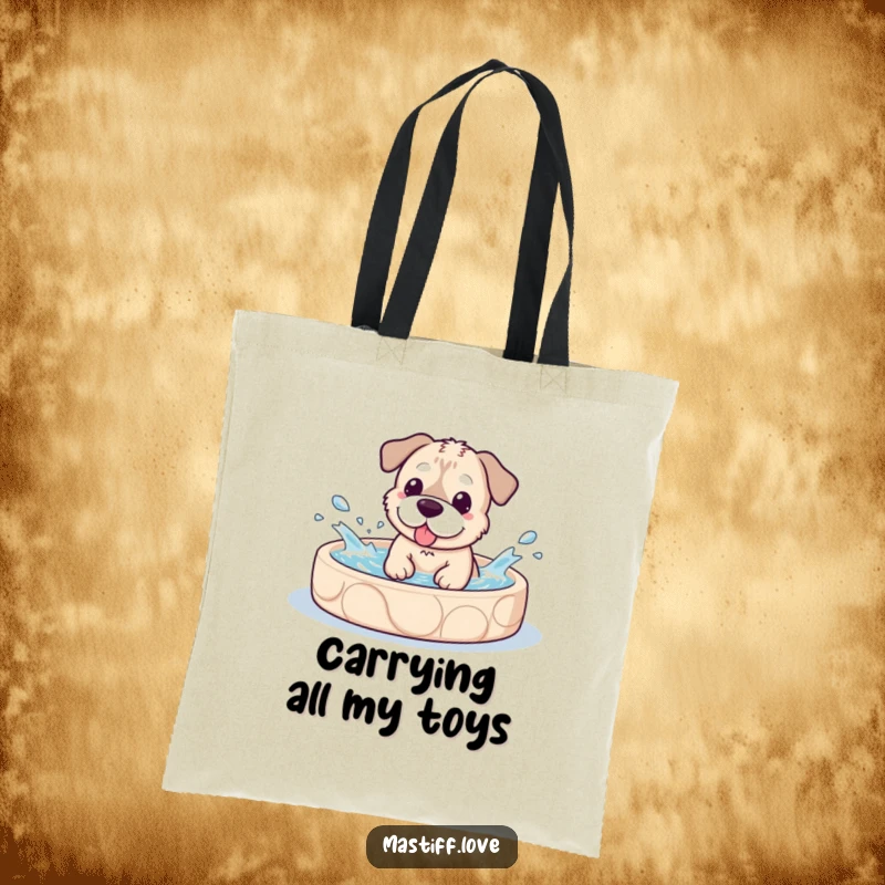 Funny Tote Bag with a kawaii mastiff dog gleefully splashing water in a doggy pool, perfect for carrying everyday items.
