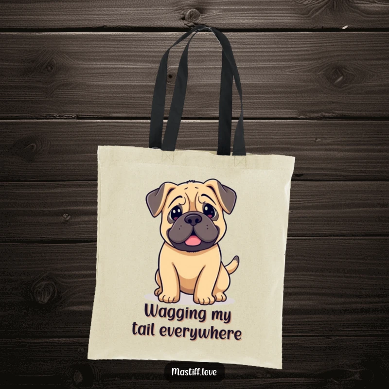 Funny kawaii mastiff tote bag, a dog with floppy ears and a wagging tail, symbolizing pure happiness.