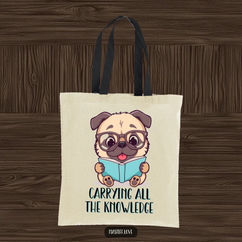 Funny Mastiff Tote Bag: A delighted dog in oversized glasses reads a book, stylish and practical for book lovers.