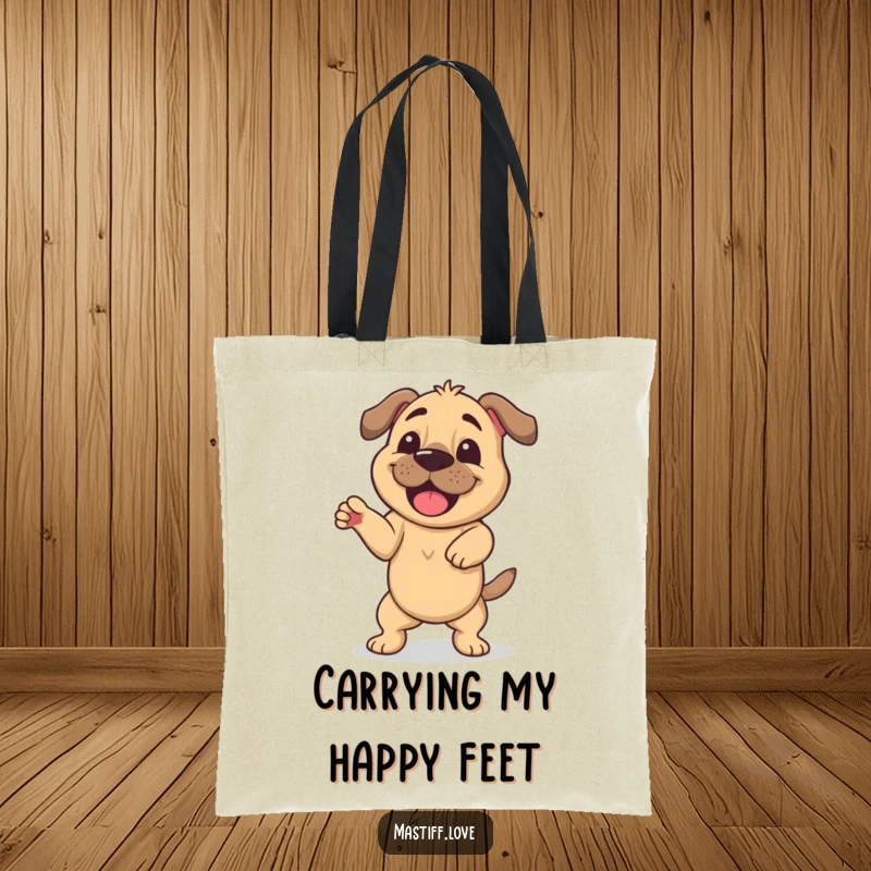 Funny tote bag showcasing a happy mastiff performing a silly, wiggling dance, perfect for carrying items with doggy humor.