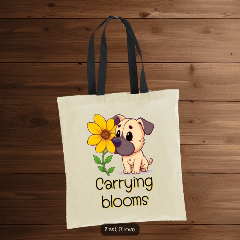 Funny curious mastiff, sniffing a large, brightly colored flower, a versatile and funny tote bag for nature lovers.