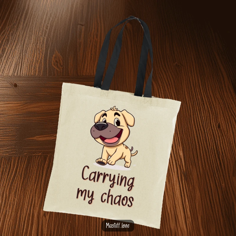 Funny mastiff with a wide, goofy grin, chasing its stubby tail, on a durable tote bag, perfect for daily fun.