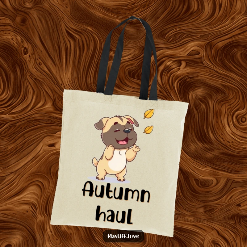 Funny playful mastiff, trying to catch a falling leaf, a versatile and funny tote bag for fall.