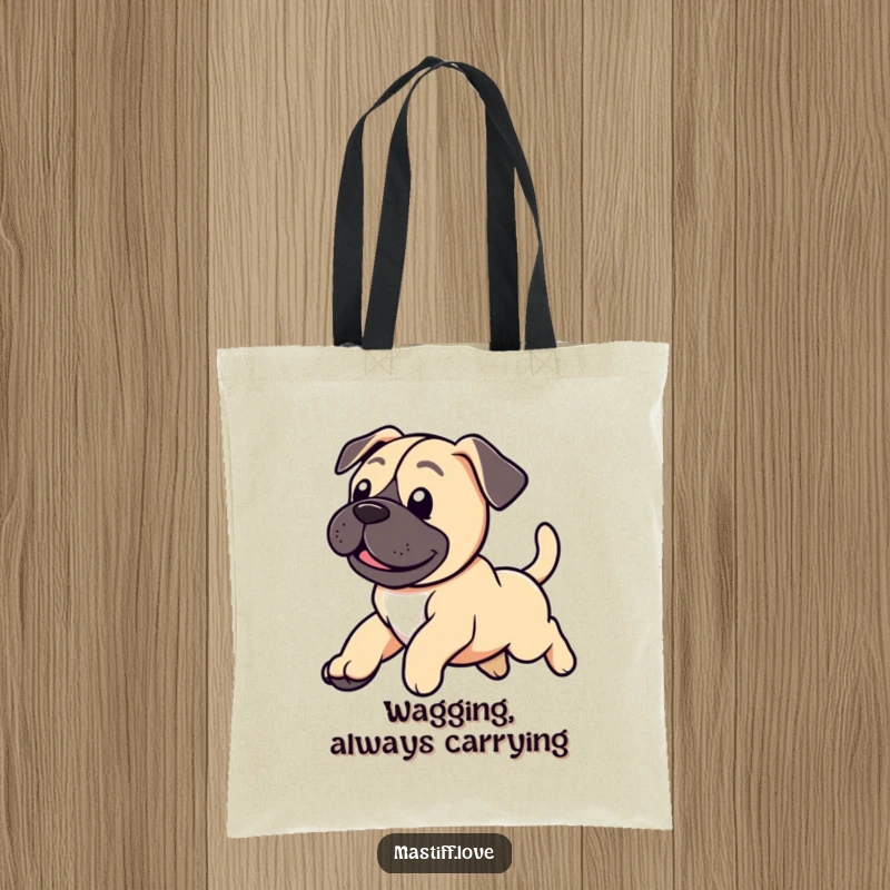 Funny tote bag with a happy mastiff puppy leaping enthusiastically, its tail wagging with pure delight.