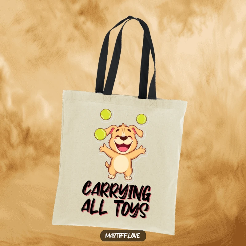 Funny tote bag with a happy mastiff character expertly juggling three tennis balls with a look of pure joy.
