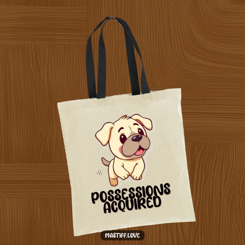 Funny tote bag with a kawaii mastiff character, droopy ears flapping, during a humorous, silly chase.