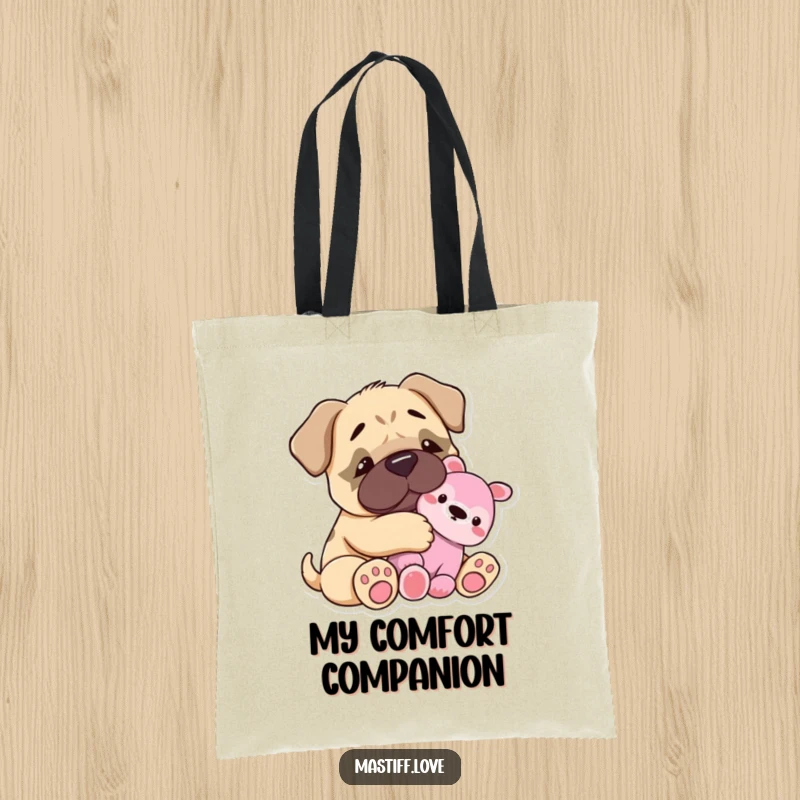 Funny Tote Bag: A tiny mastiff happily snuggles a plush toy, showcasing ultimate coziness. A stylish and heartwarming accessory.