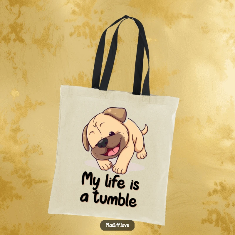 Funny Mastiff puppy tote bag with a cute dog hilariously tumbling head over paws with a smile, great for everyday use.