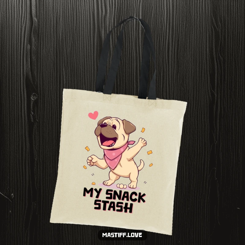 Funny Tote Bag: An excited mastiff wearing a bandana jumps for a treat, showcasing canine enthusiasm. A stylish and amusing accessory.