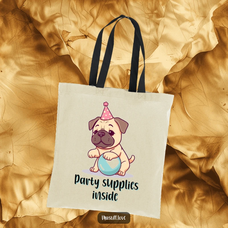 Funny kawaii mastiff tote bag, a cute dog in a party hat playing with a large ball, perfect for errands.
